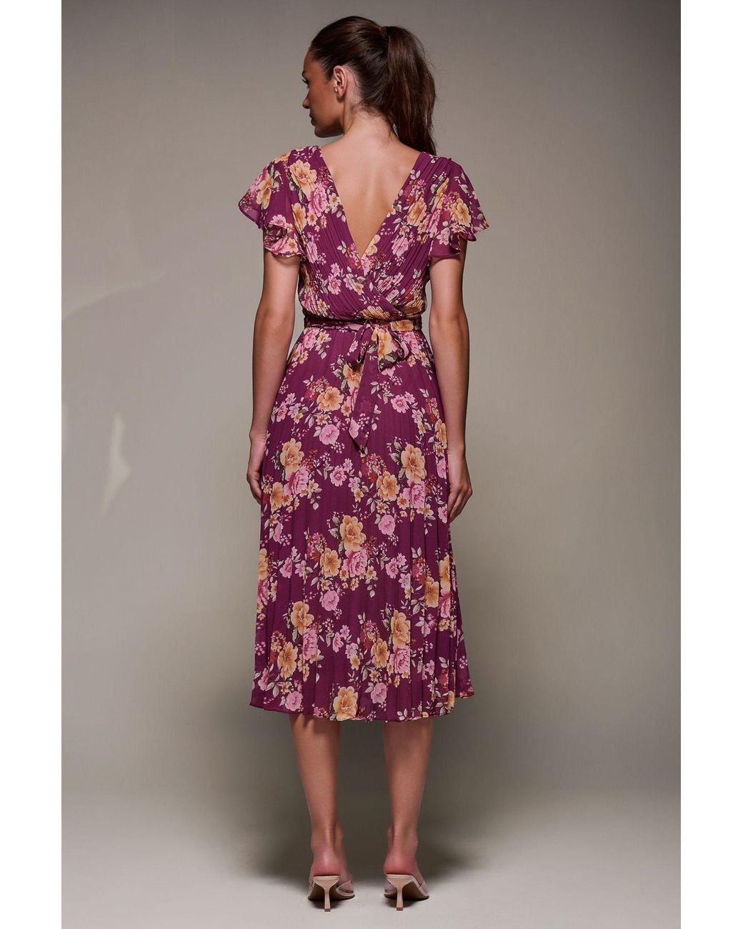 Jolie Moi Pink Printed Ruffle Detail Pleated Chiffon Midi Dress