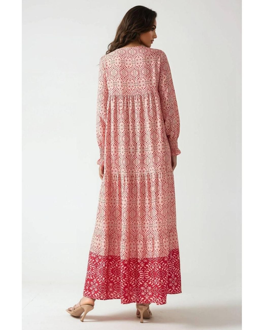Hiccup Red Printed Viscose Maxi Dress With Crew Neck