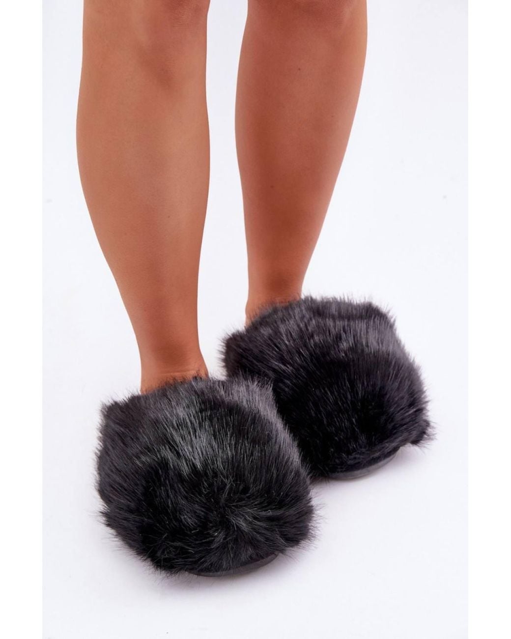 Love Lace Black Fluffy Thick Fur Indoor Winter Slip On Slippers With Covered Toes