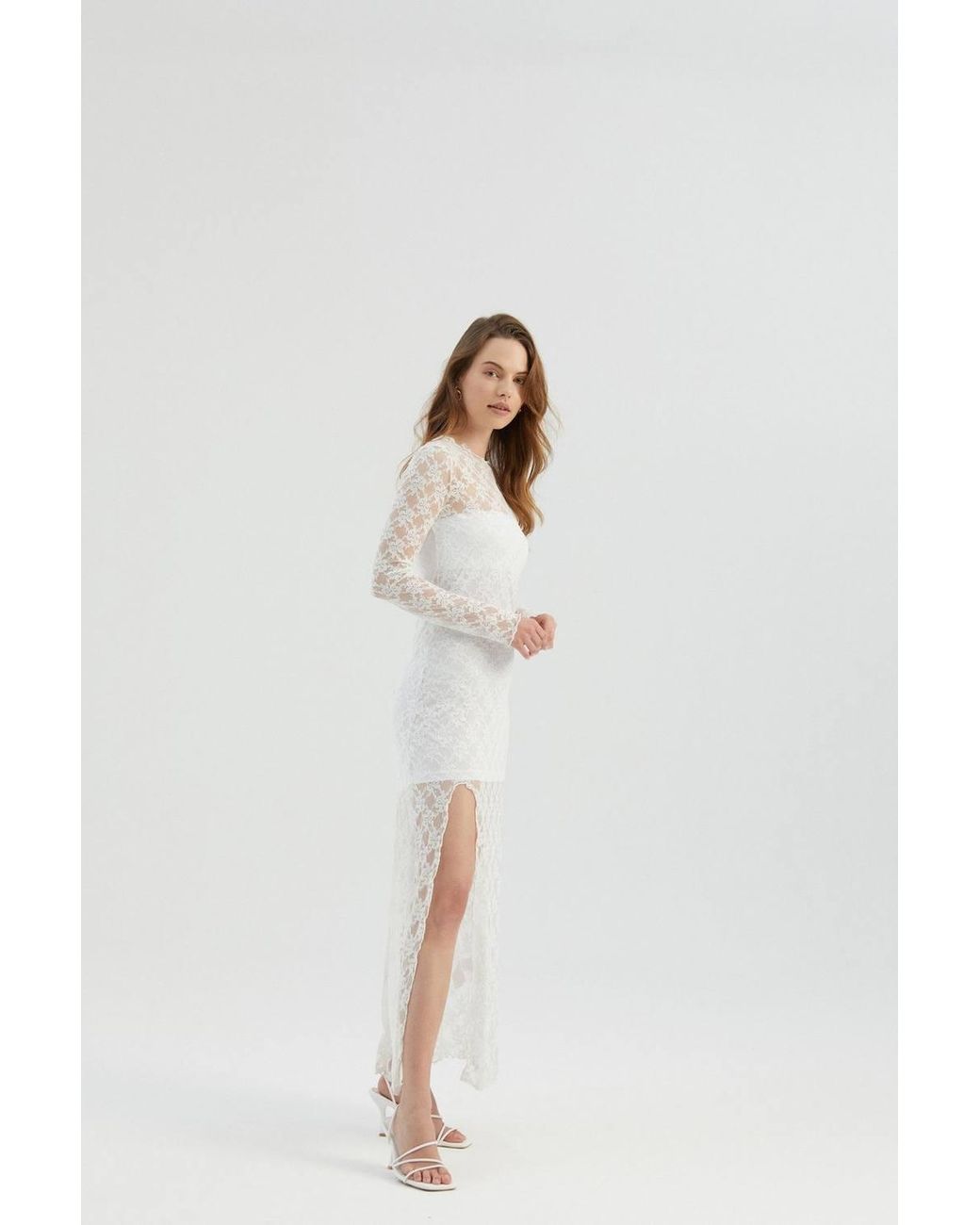Hiccup Multicolor Lace High Neck Mesh Maxi Dress With A Side Slit