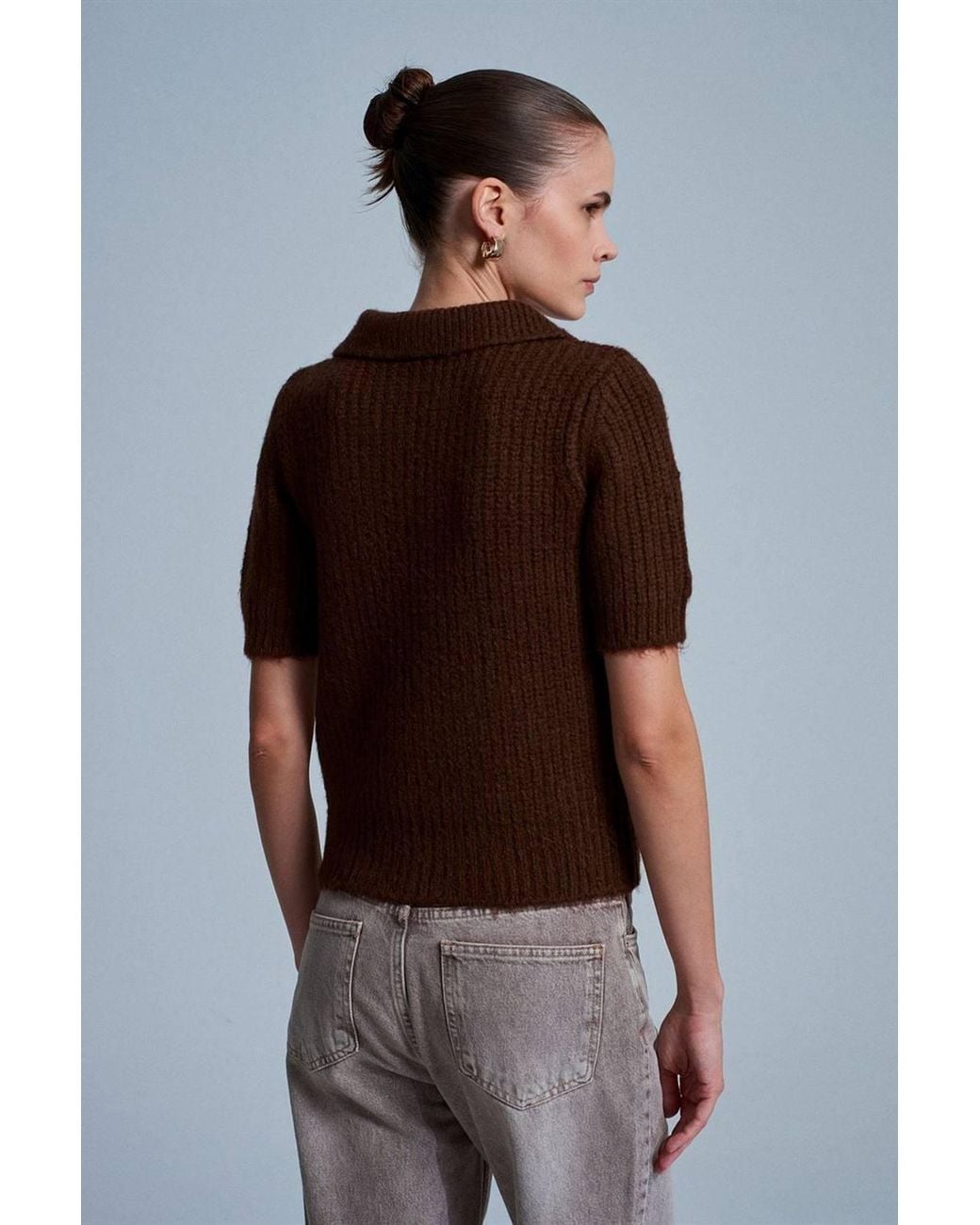 Dilvin Brown Textured Ribbed Polo-Collar Sweater