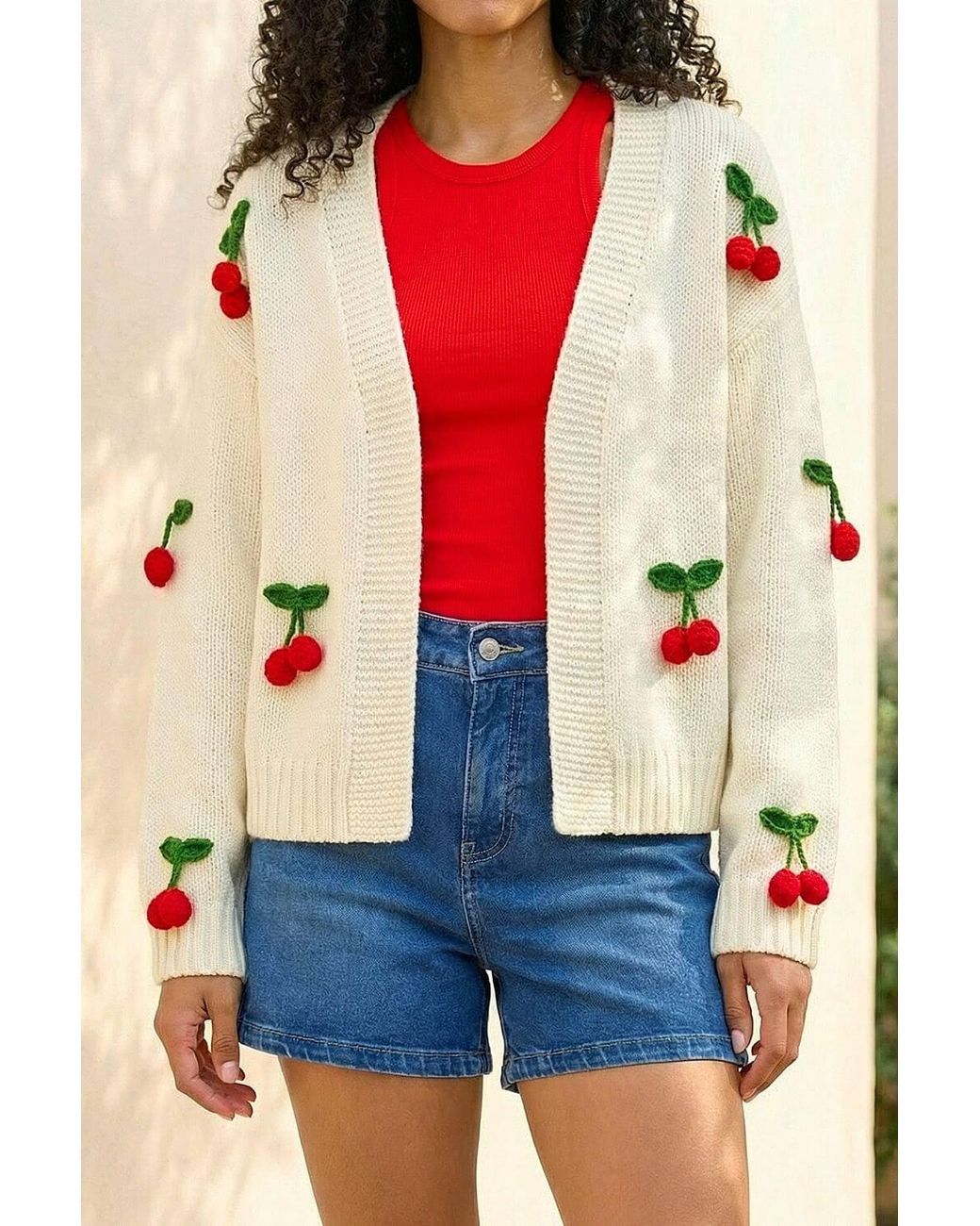 Roman Red Crochet Cherry Knit Cardigan