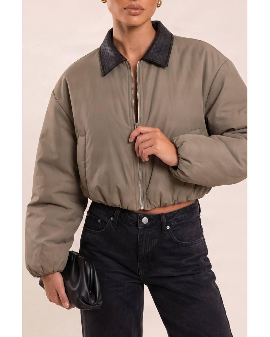 Rebellious Fashion Green Ashira Contrast Collar Cropped Puffer Jacket