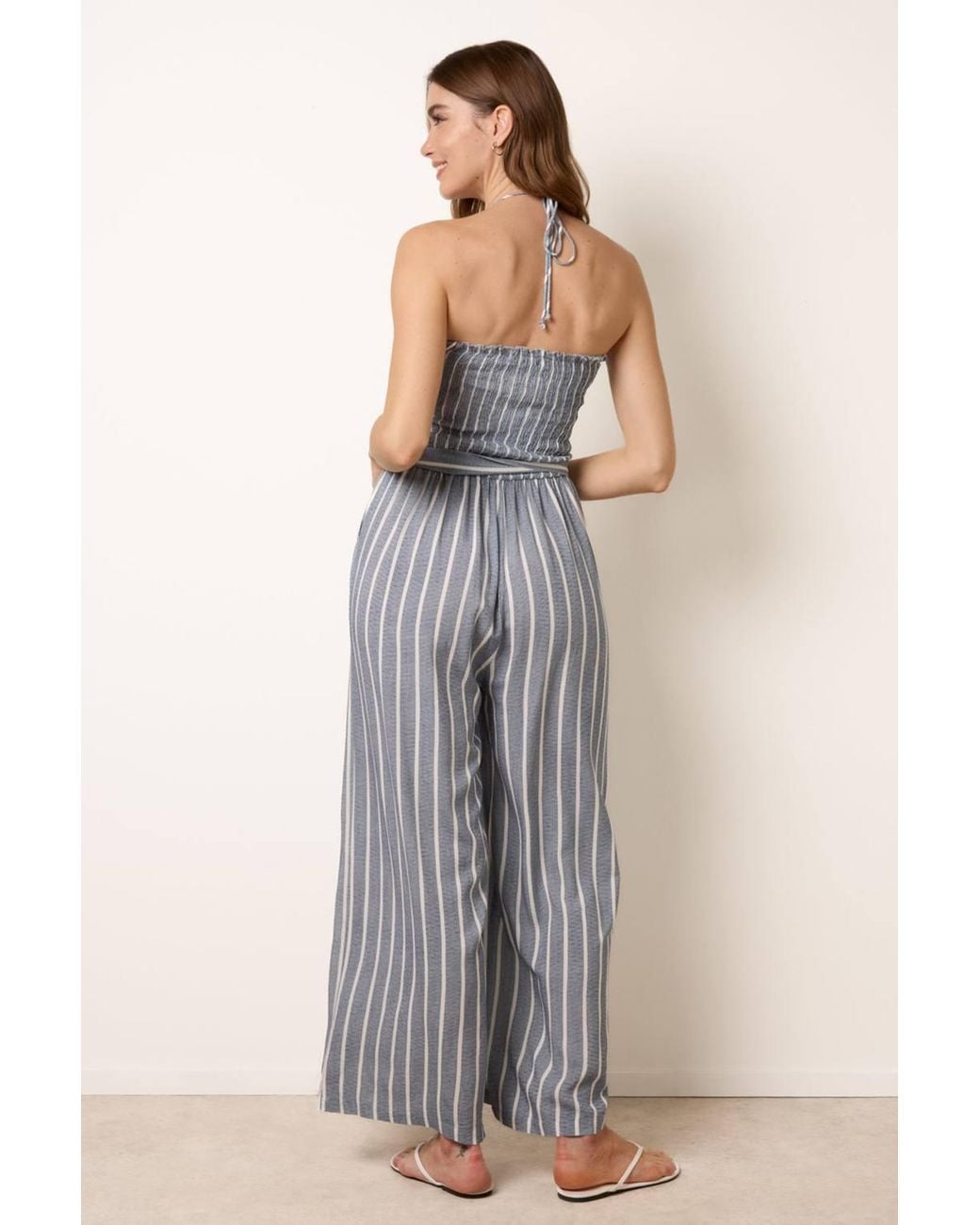 Blue Vanilla Gray Shirred Waist Sleeveless Belted Bardot Jumpsuit