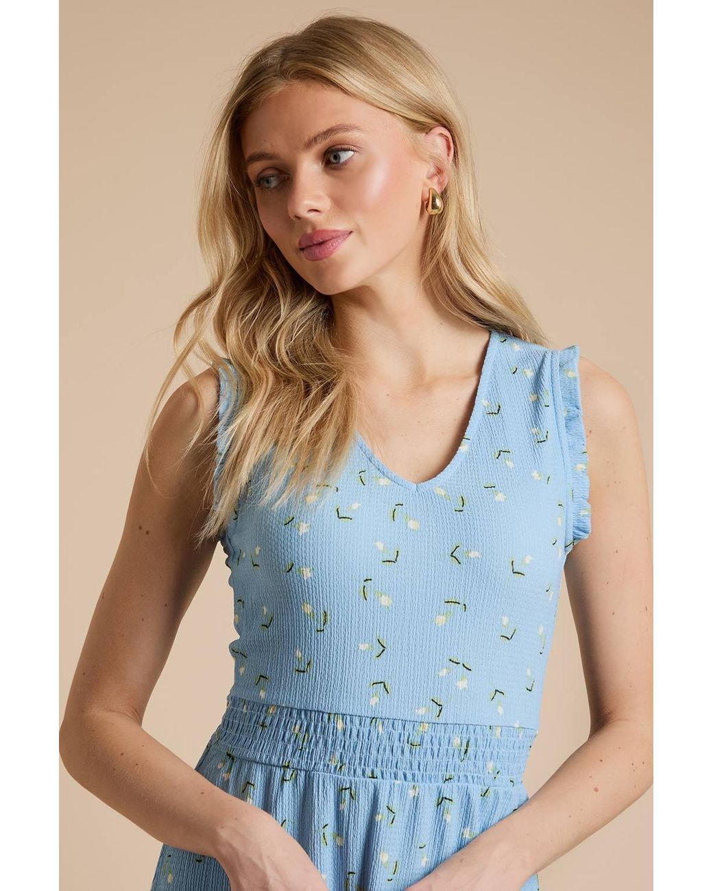 Dorothy Perkins Blue Ditsy V Neck Shirred Waist Printed Jersey Midi Dress