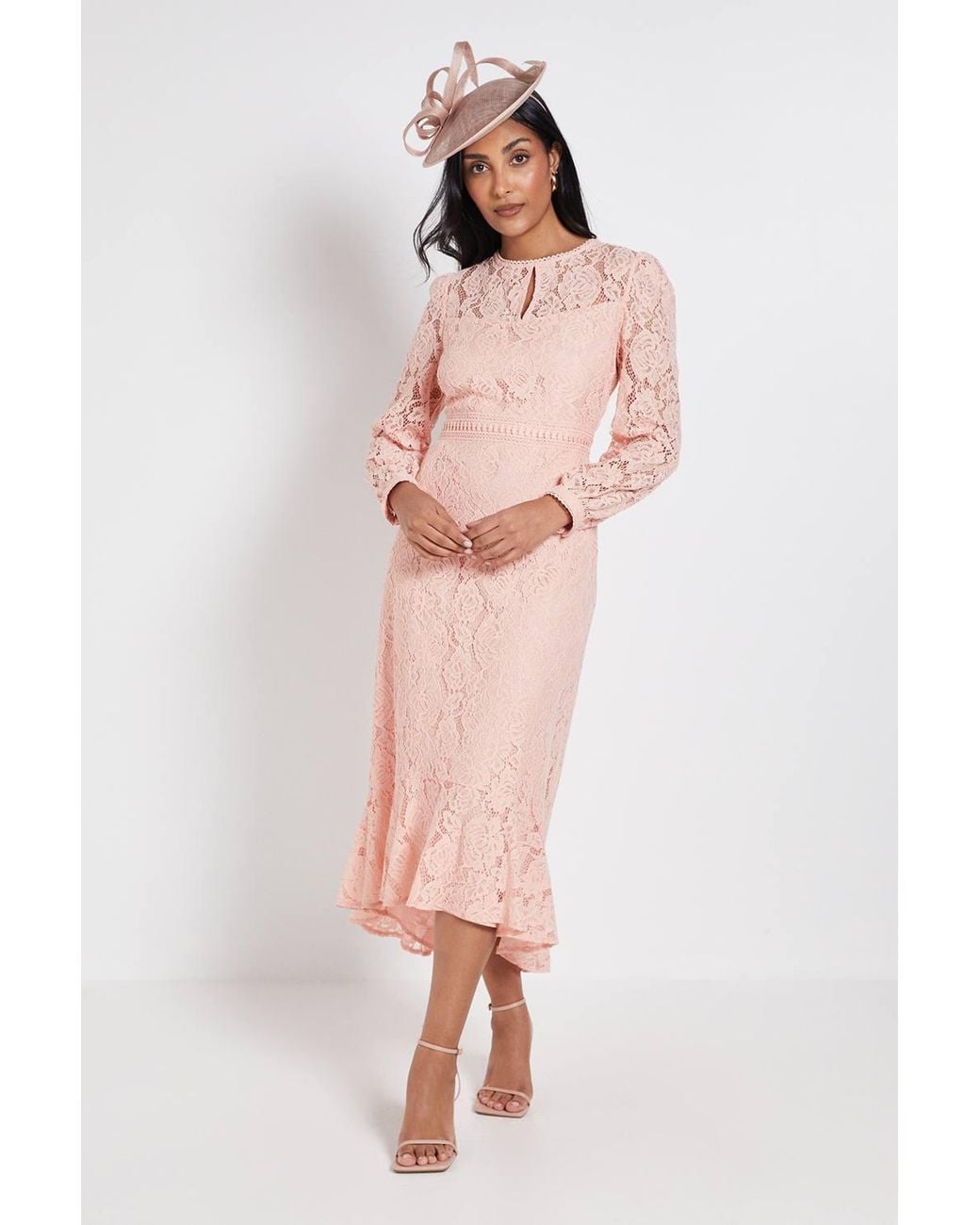 Wallis Pink Petite Lace High Neck Ruffle Midi Dress