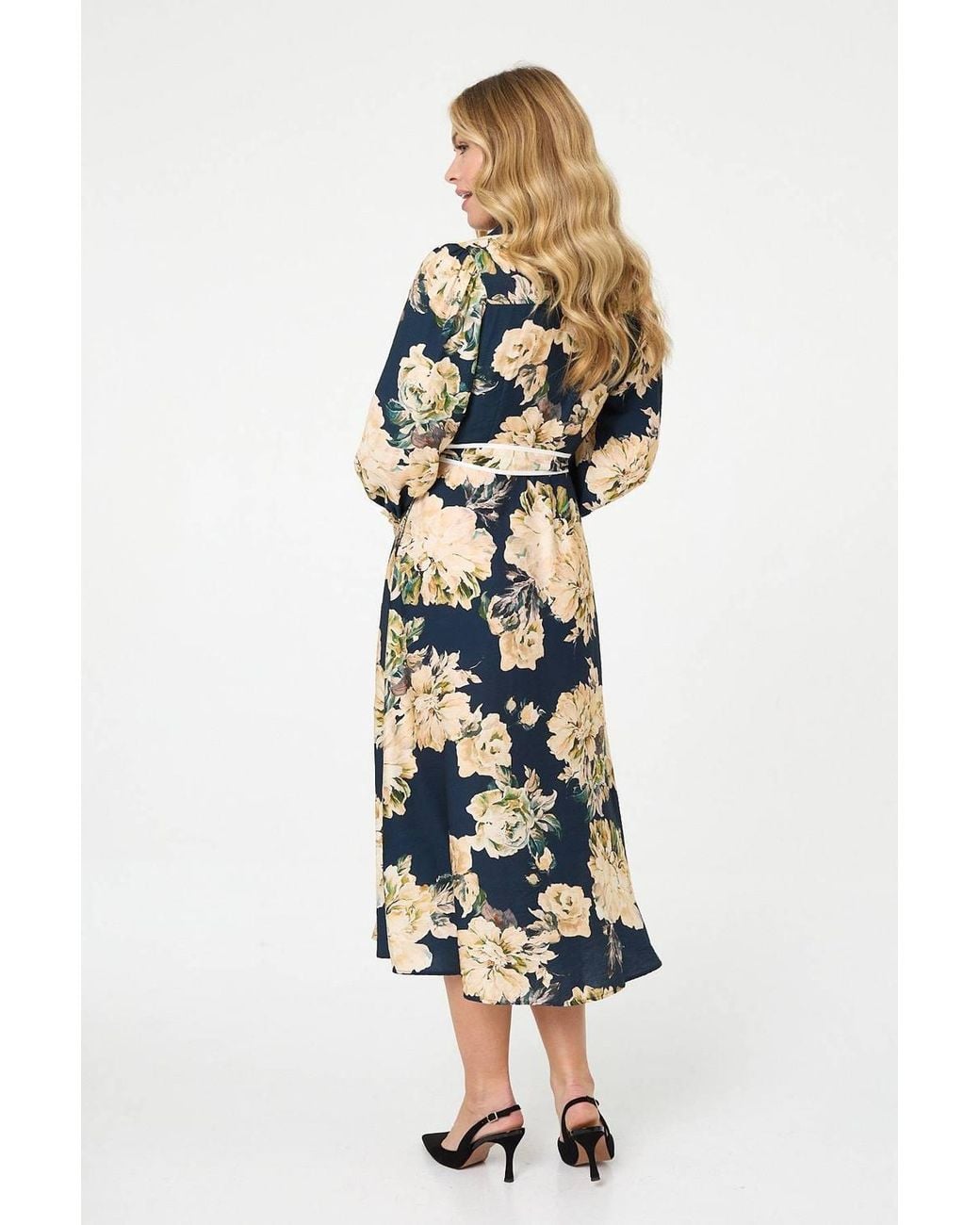Izabel London White Floral Print Tie Waist Midi Shirt Dress