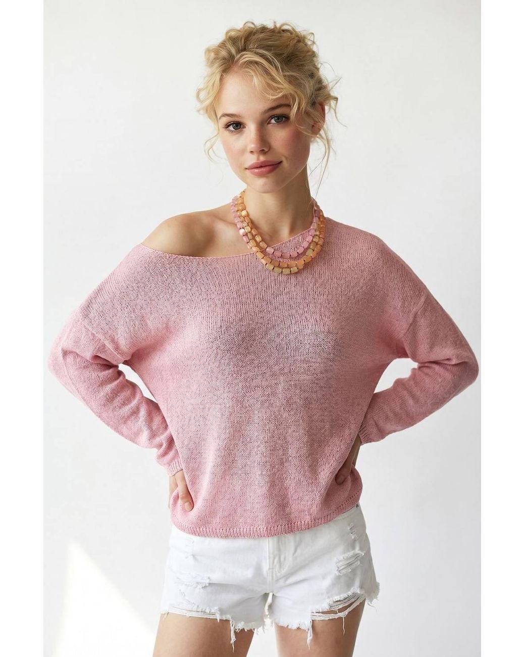 MixRay Pink Oversized Boat Neck Knit Sweater