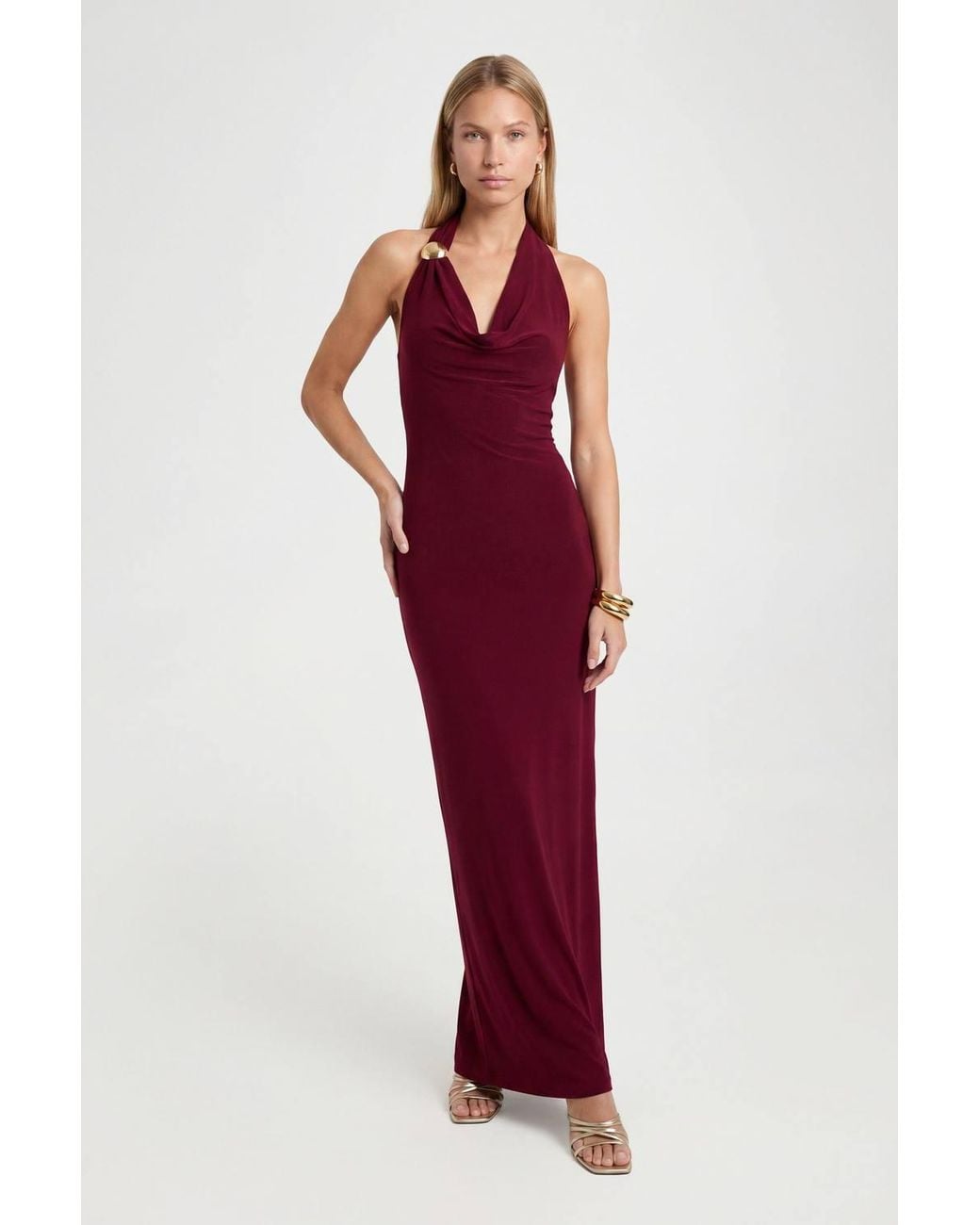 Roselle Red Cowl Neck Halterneck Slinky Backless Maxi Dress