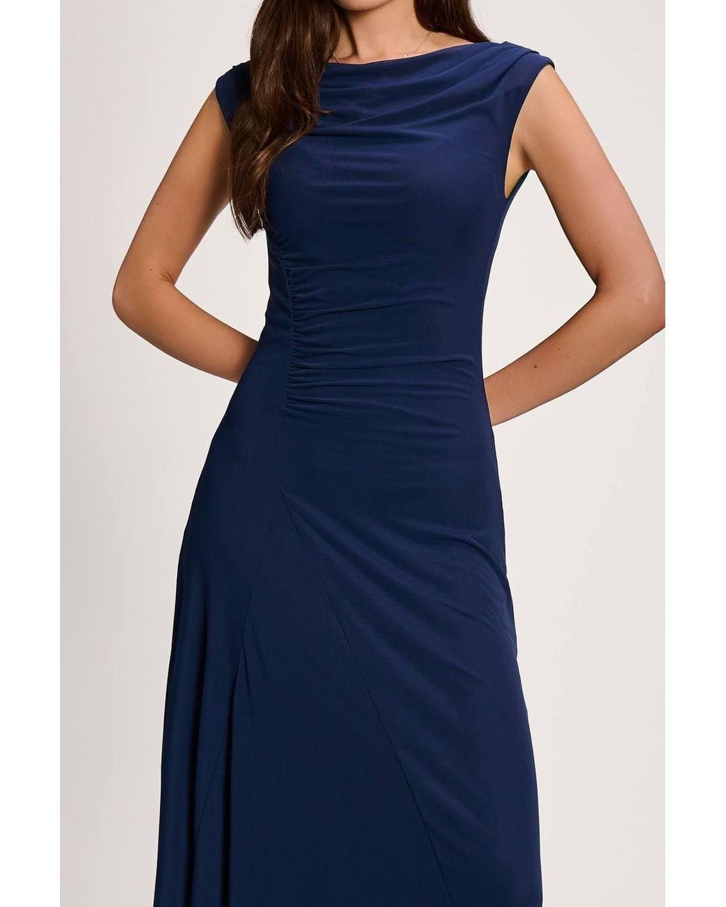 Jolie Moi Blue Asymmetric Draped Mesh Maxi Dress