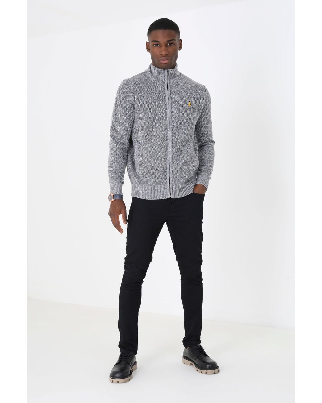 Brave Soul Gray Funnel Neck Zip Through Knitted Jumper for men