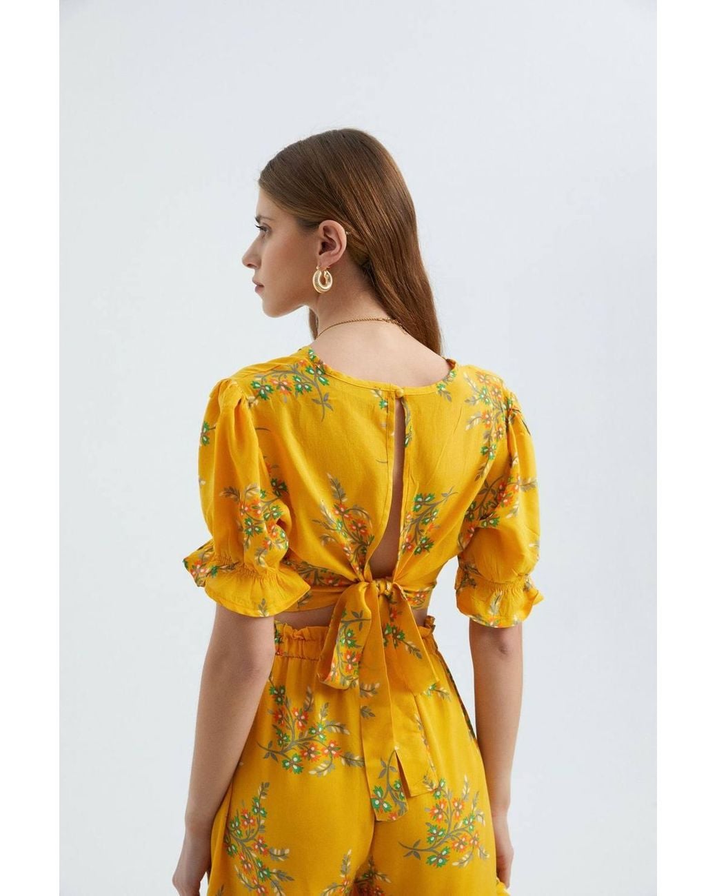 Hiccup Yellow Floral Surplice Neck Short Sleeve Crop Top