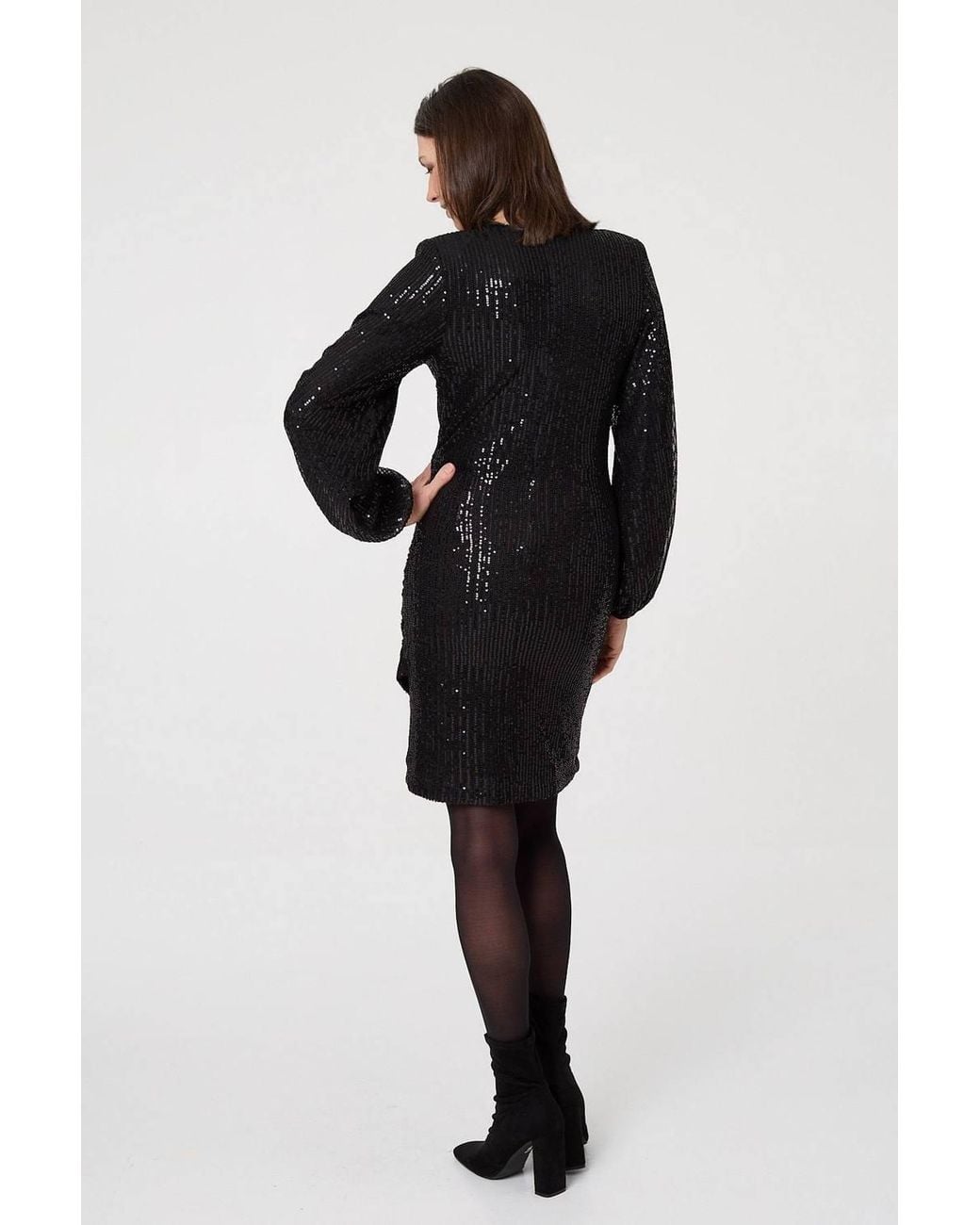 Izabel London Black Sequinned Long Sleeve Short Wrap Dress