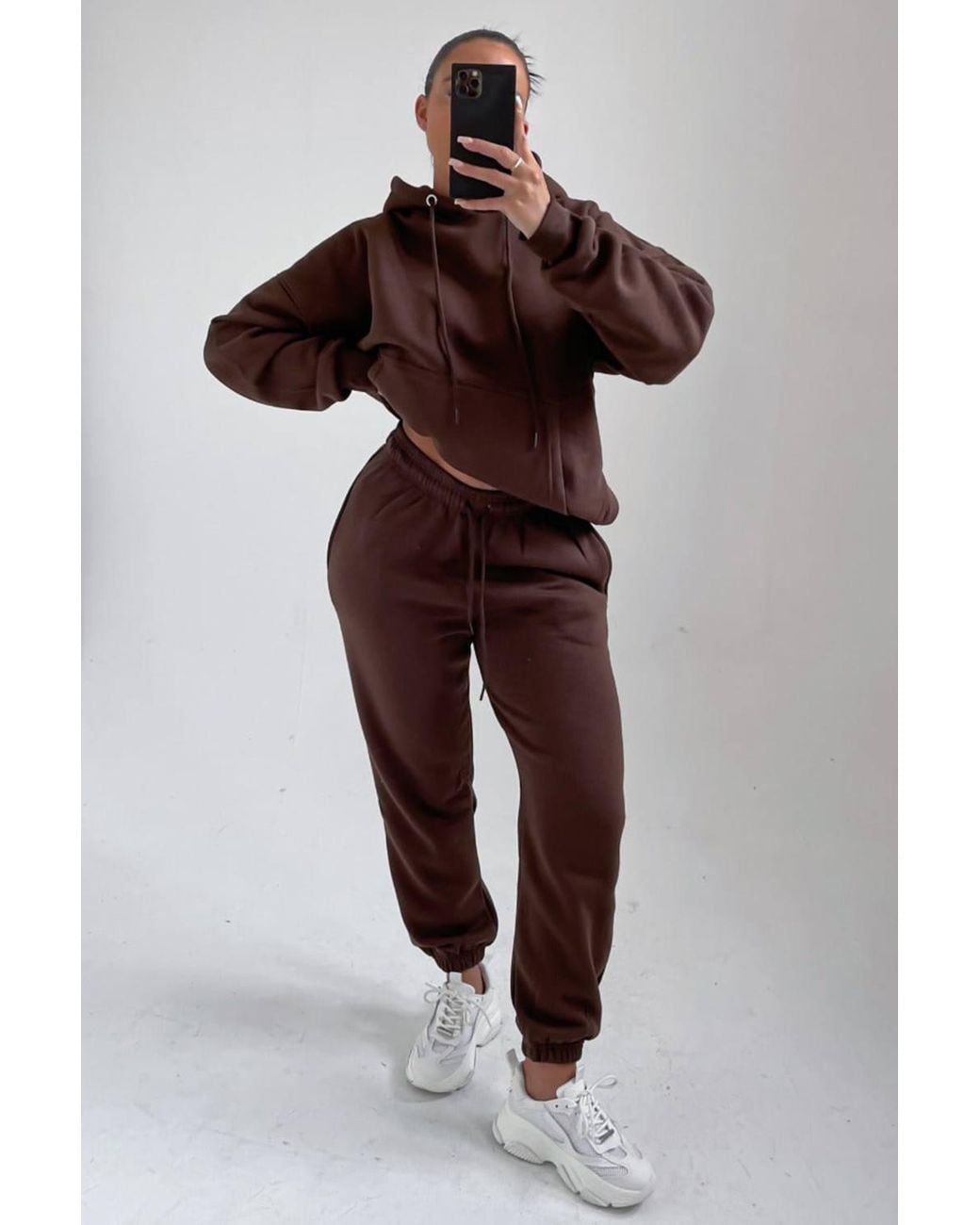 Femme Luxe Brown Oversized Front Pocket Pullover Hoodie Cuffed Joggers Loungewear Set