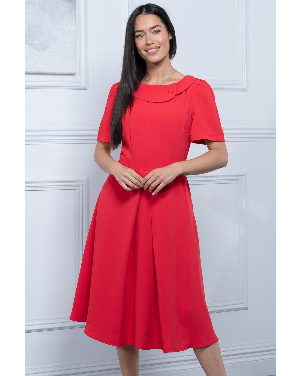 Jolie Moi Red Debora Button Neck Dress