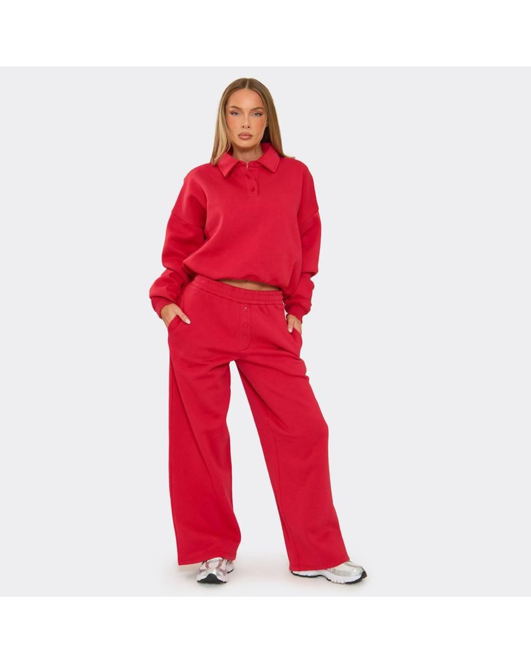 EGO Red Wide Leg Button Mid Rise Joggers
