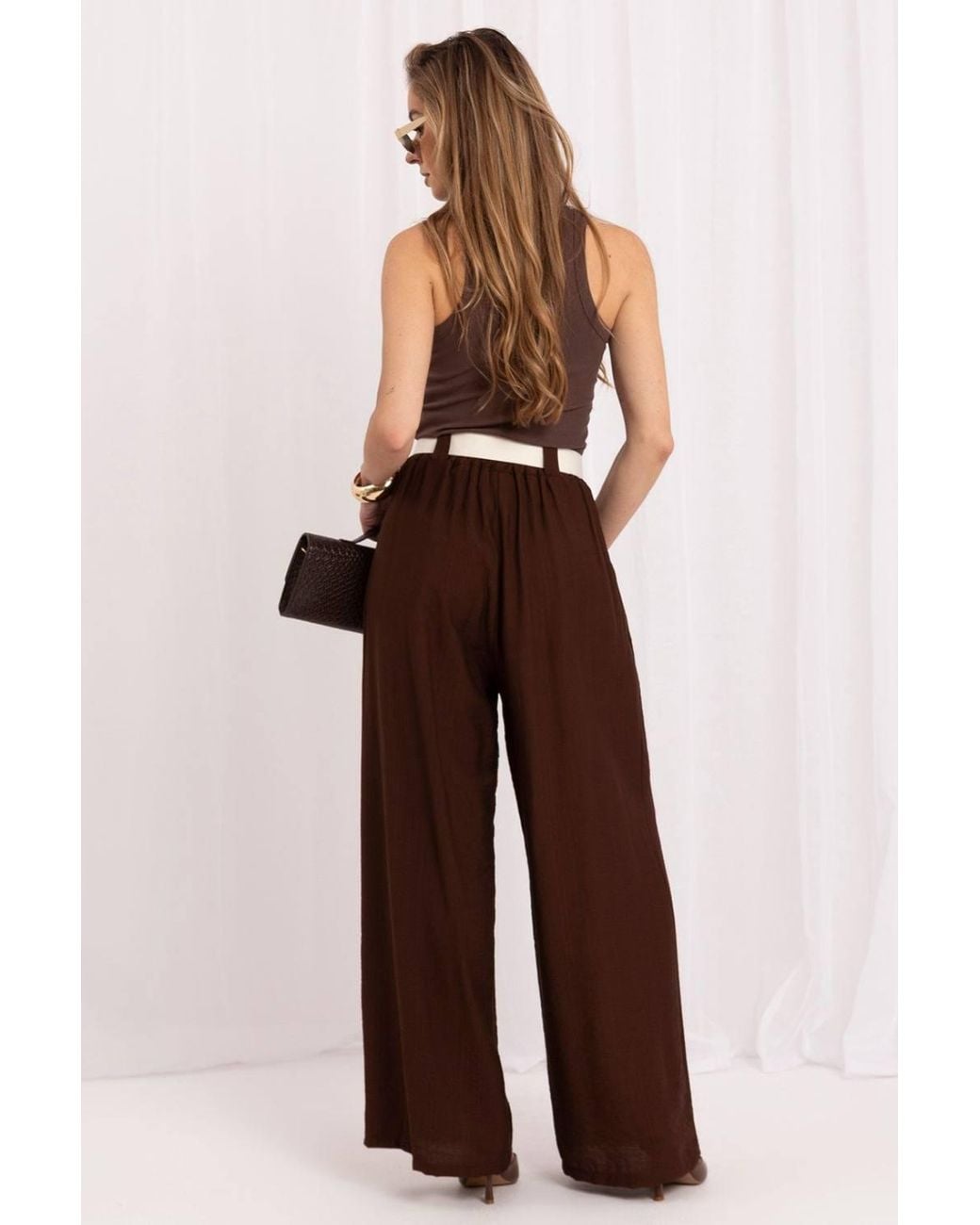 Love Lace Brown Elegant Viscose High Waisted Wide Leg Trousers