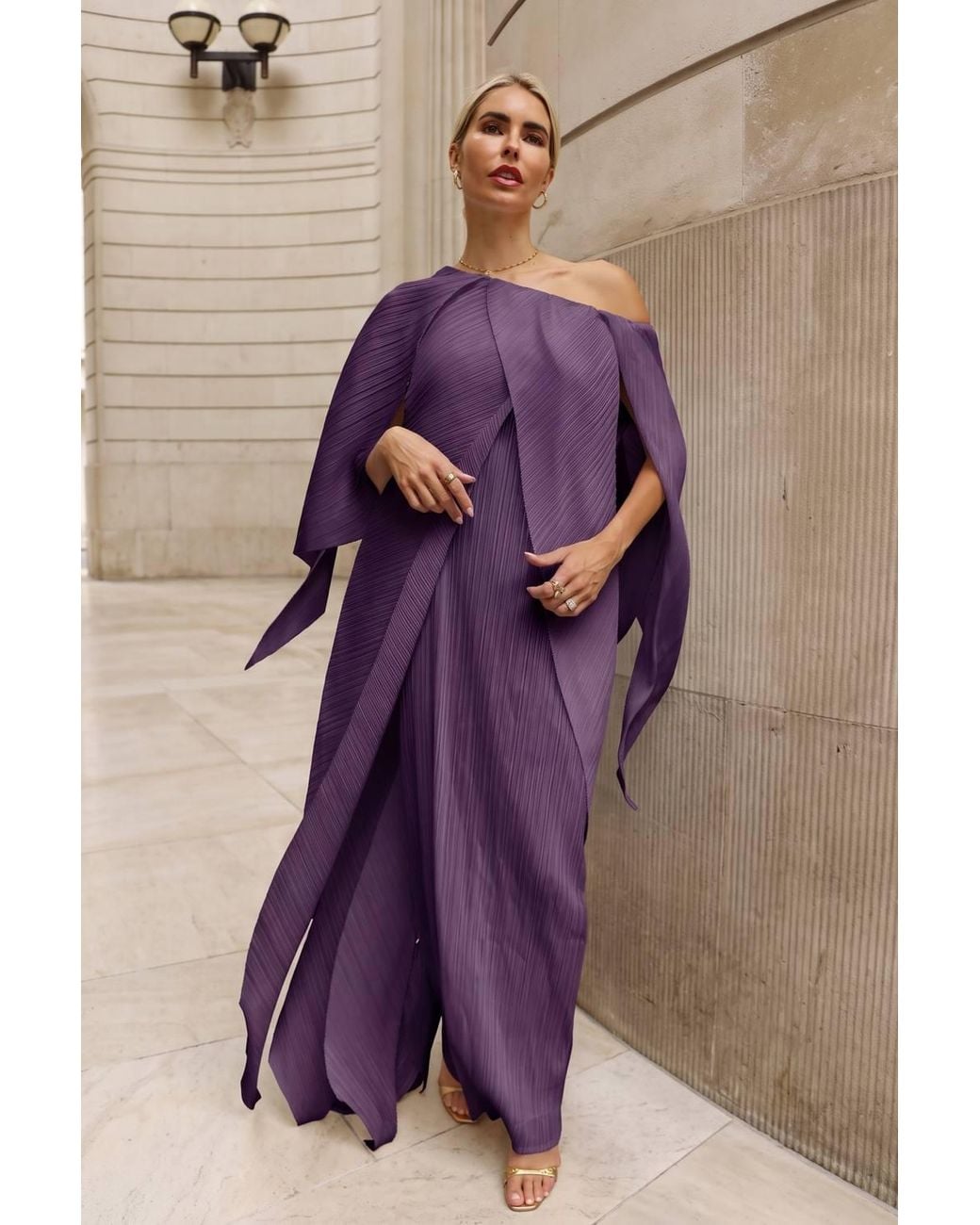 CY Purple Elegant Pleated Cape Sleeve Maxi Dress With Tie Waist