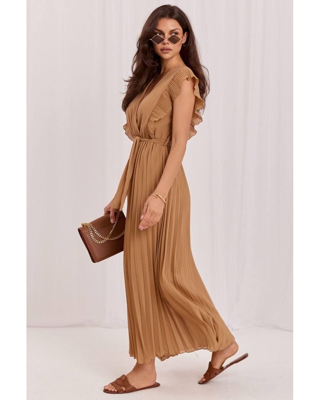 Love Lace Brown Viscose Wrap Sleeveless Midi Dress With Ties