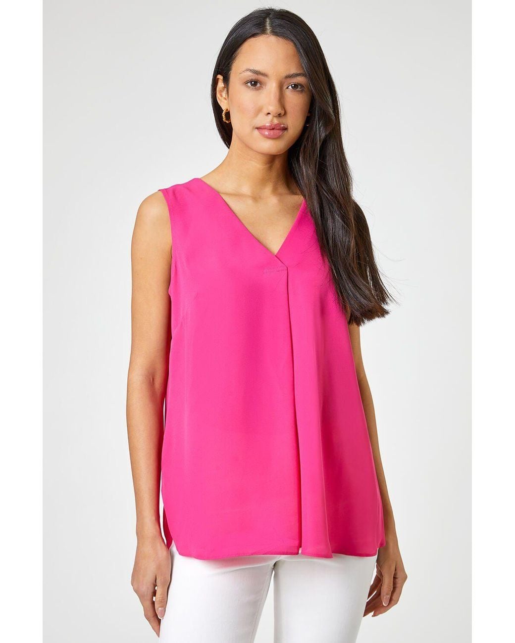 Roman Pink V-Neck Sleeveless Vest Pleat Top