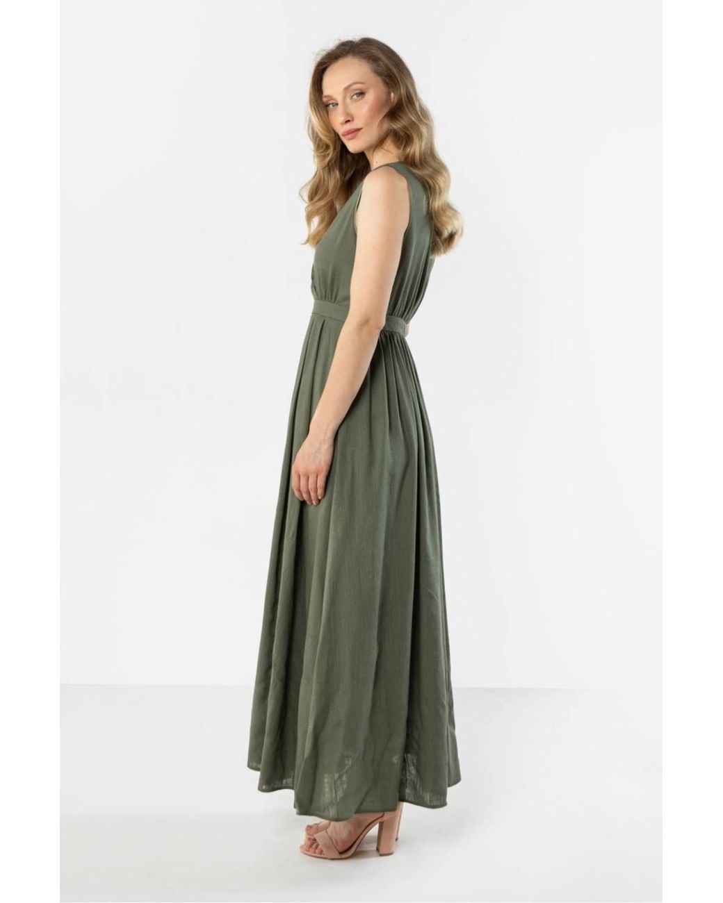 Love Lace Green Linen Wrap Strappy Fit & Flare Dress