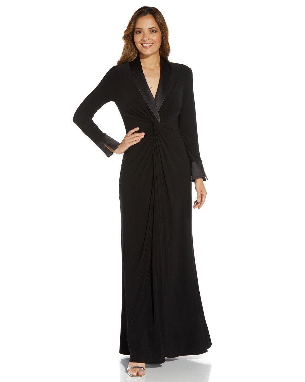 Adrianna Papell Jersey Twist Tuxedo Gown in Black | Lyst UK