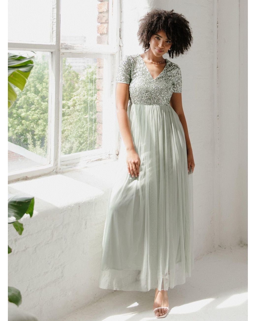 Maya Deluxe White Short Sleeve V Neck Embellished Maxi Dress
