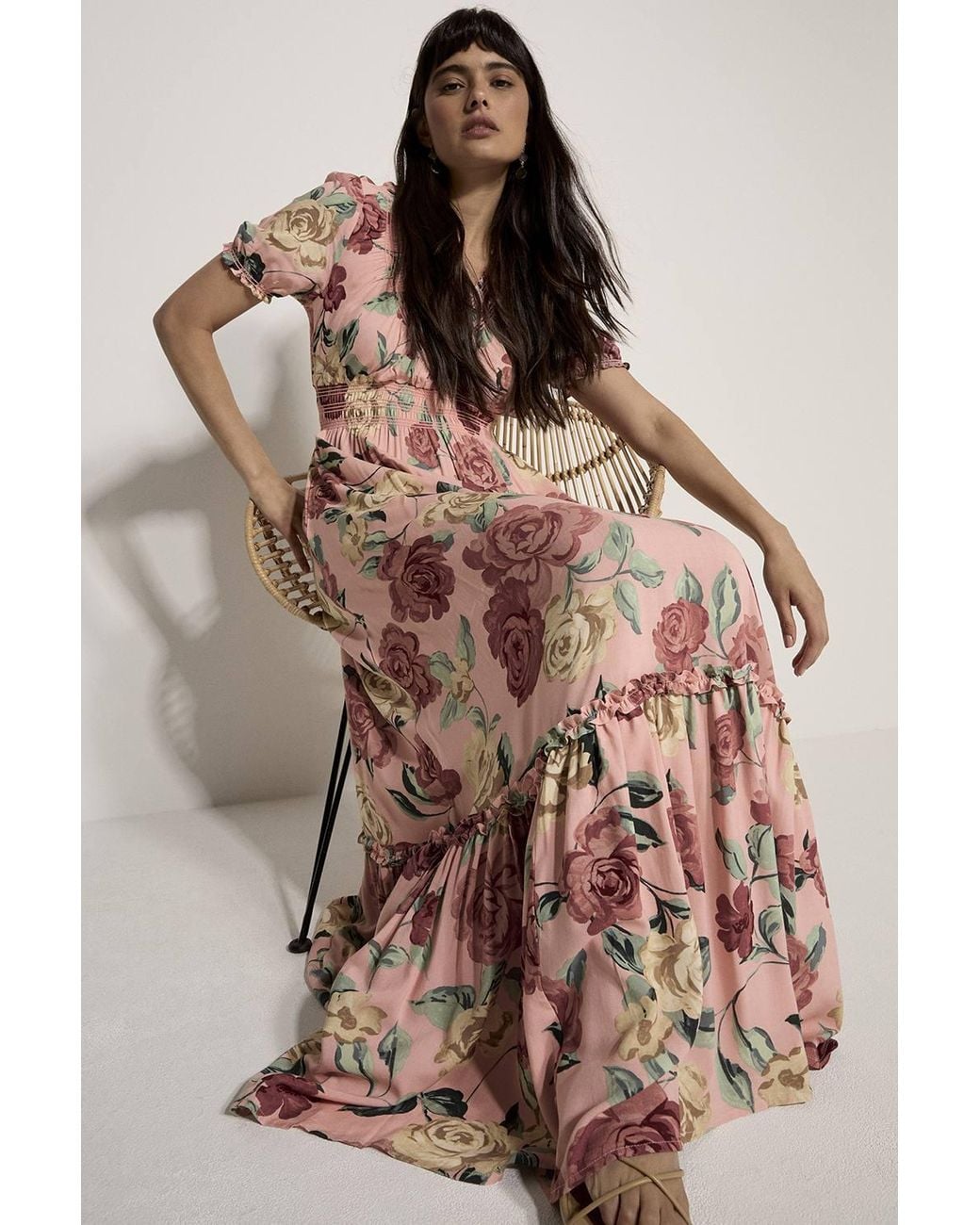 Apricot Brown Floral Wrap Maxi Dress
