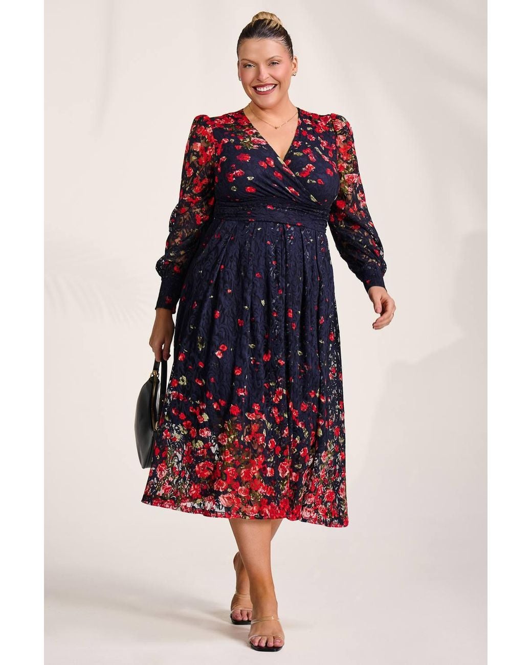 Jolie Moi Red Long Sleeve Printed Lace Maxi Dress