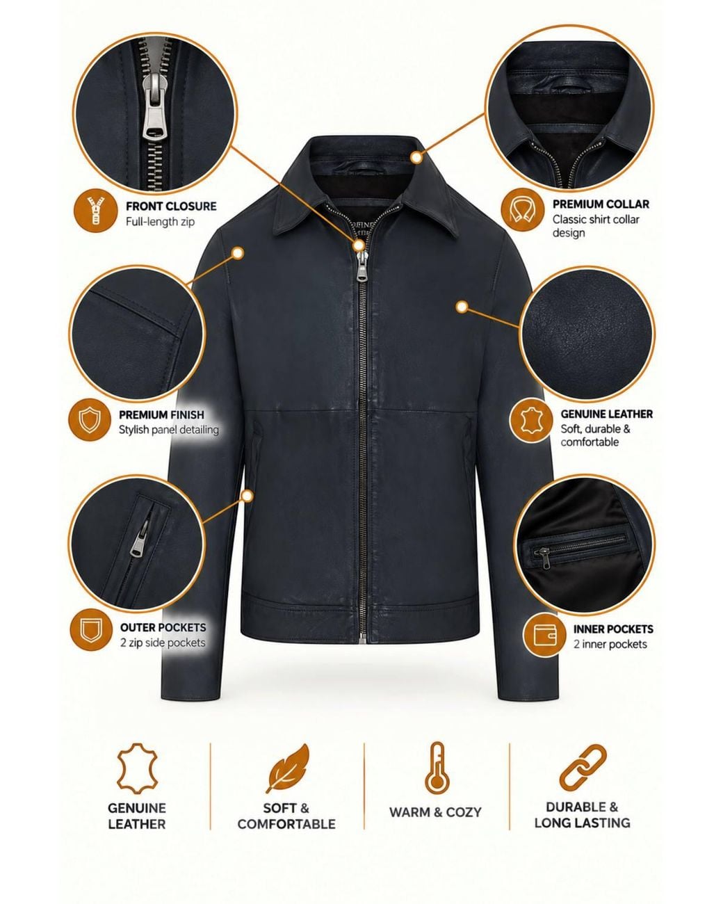 Infinity Leather Blue Leather Harrington Collar Biker Jacket-Alpha for men