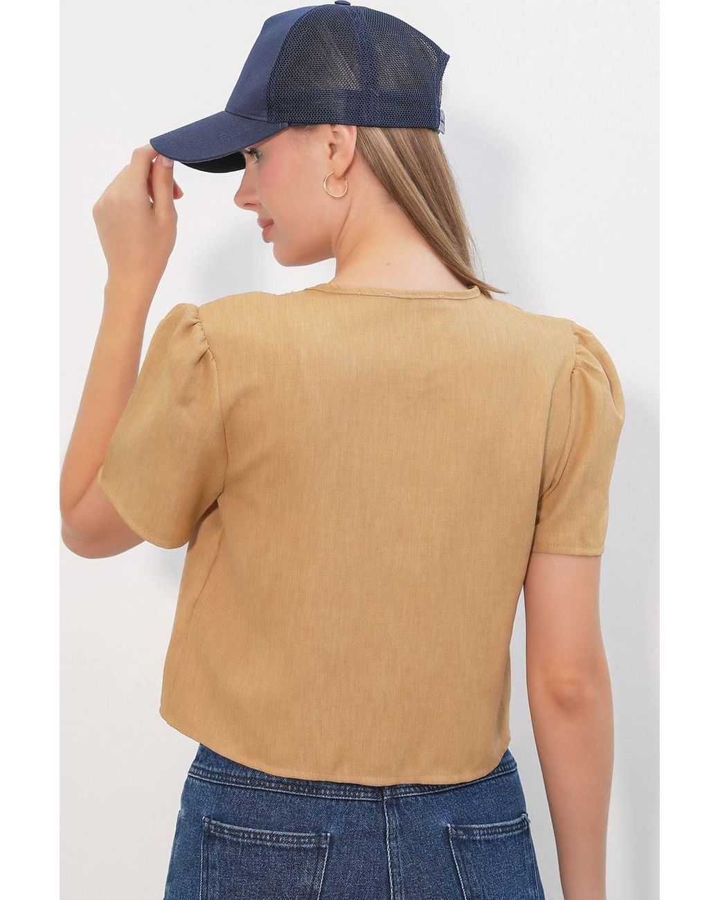 Bigdart Natural Textured V-Neck Linen Blend Crop Top