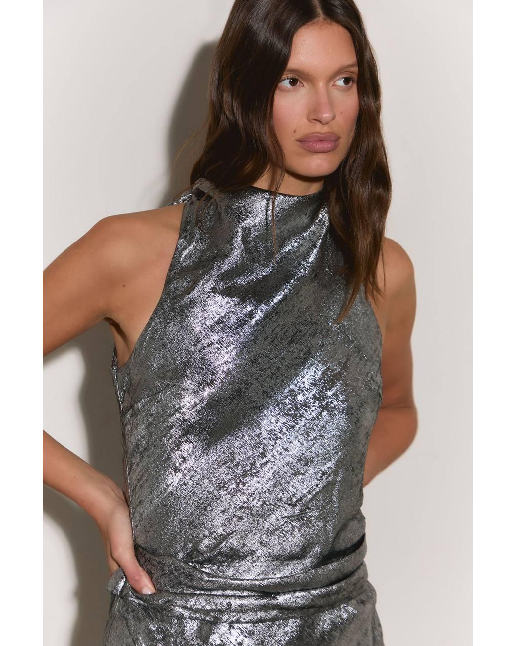 Warehouse Gray Liquid Metallic Lame Draped Maxi Bias Dress
