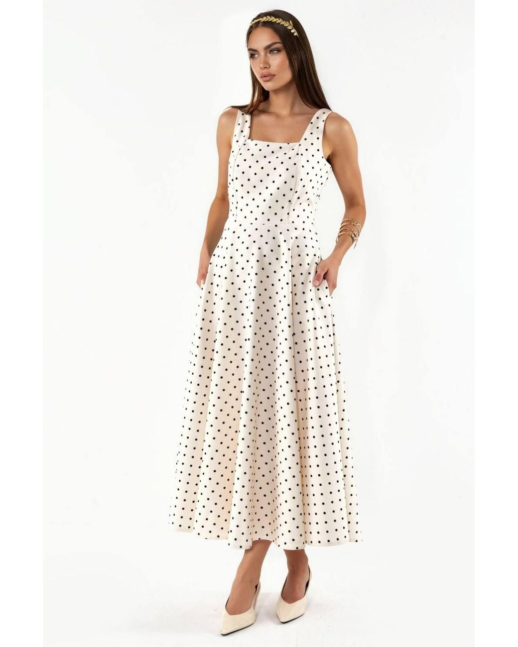 Hiccup White Polka Dot Tie Detail Midi Dress