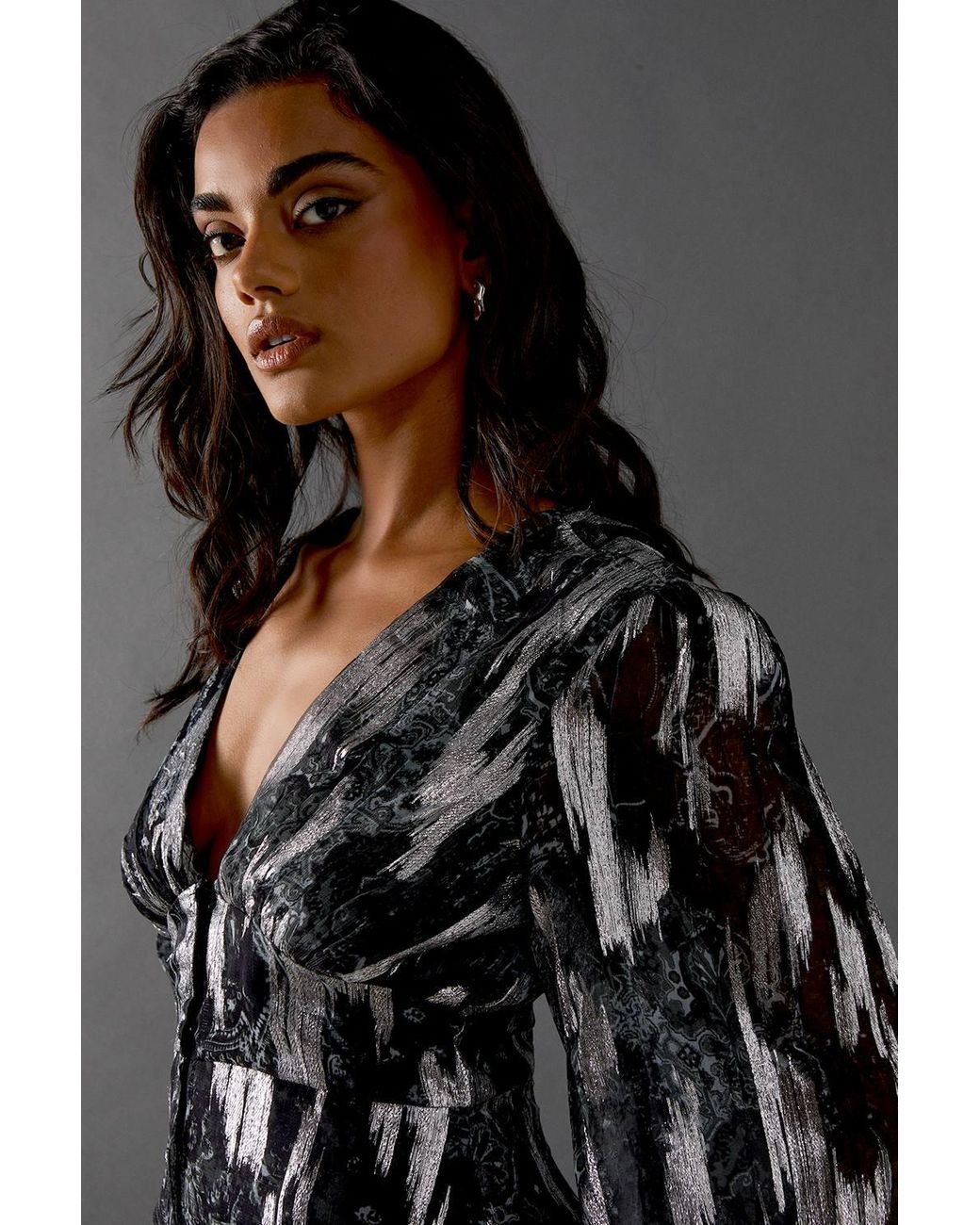 Warehouse Black Metallic Paisley Jacquard Plunge Neck Button Through Midi Dress