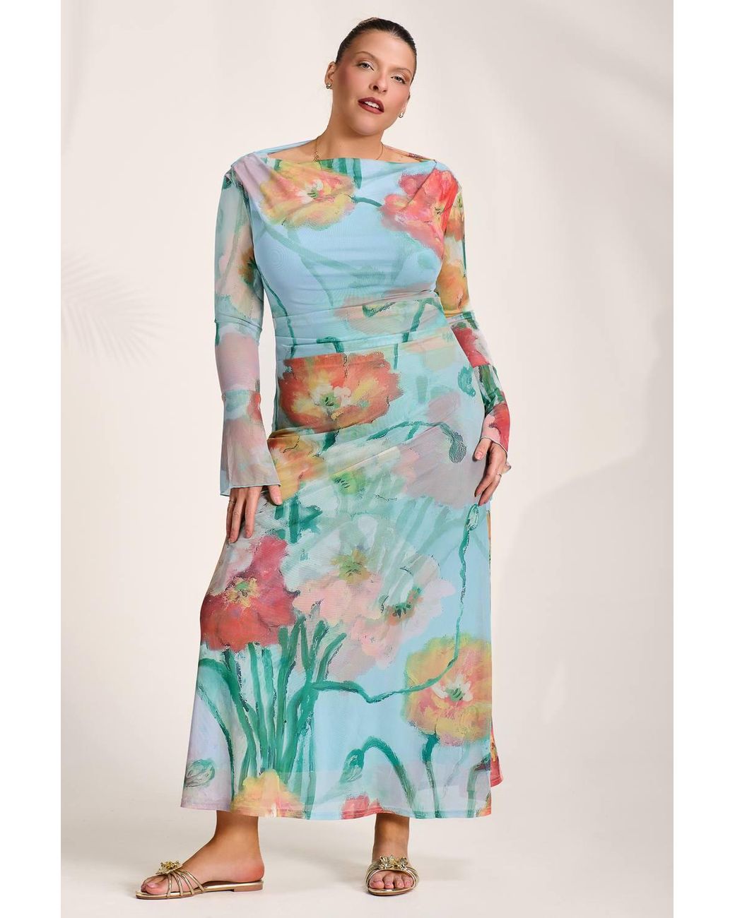 Jolie Moi Blue Long Sleeve Slash Neck Mesh Maxi Dress