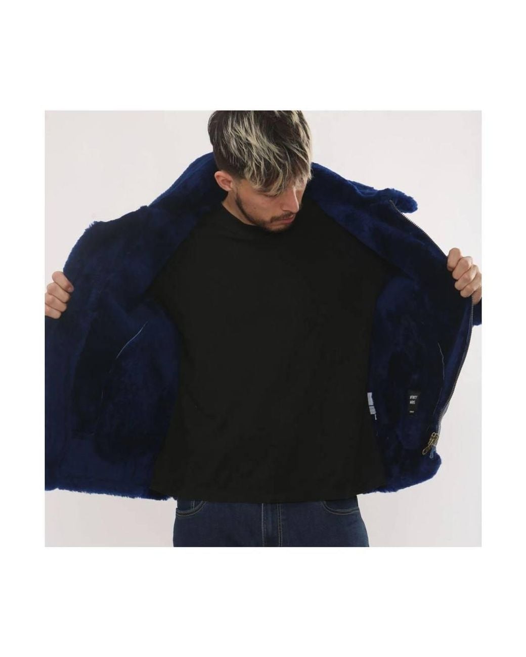 TruClothing Blue Shearling Leather Jacket Sheepskin B3 Aviator Warm Coat for men