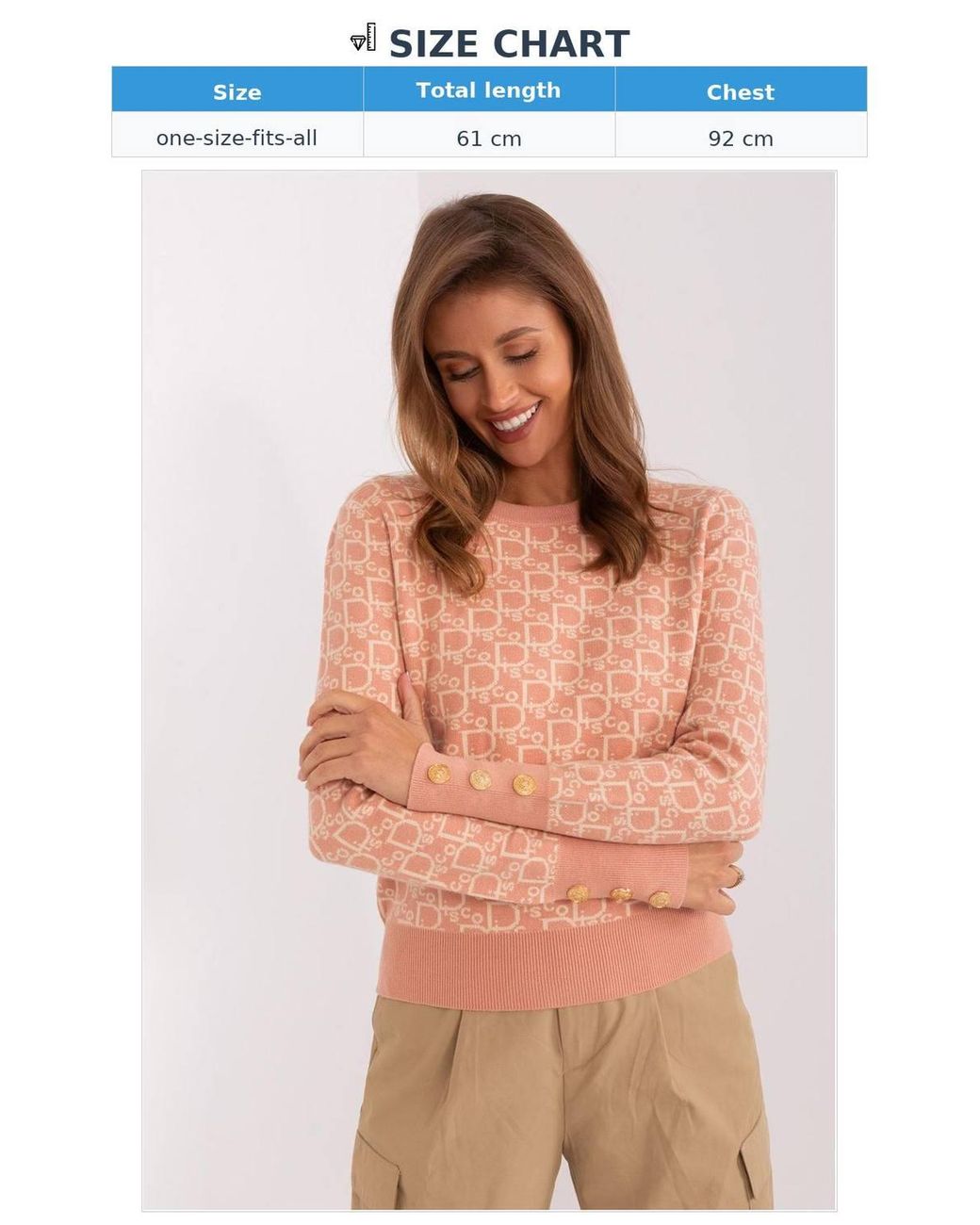 Love Lace Pink Round Neck Printed Sweater With Button Cuffs