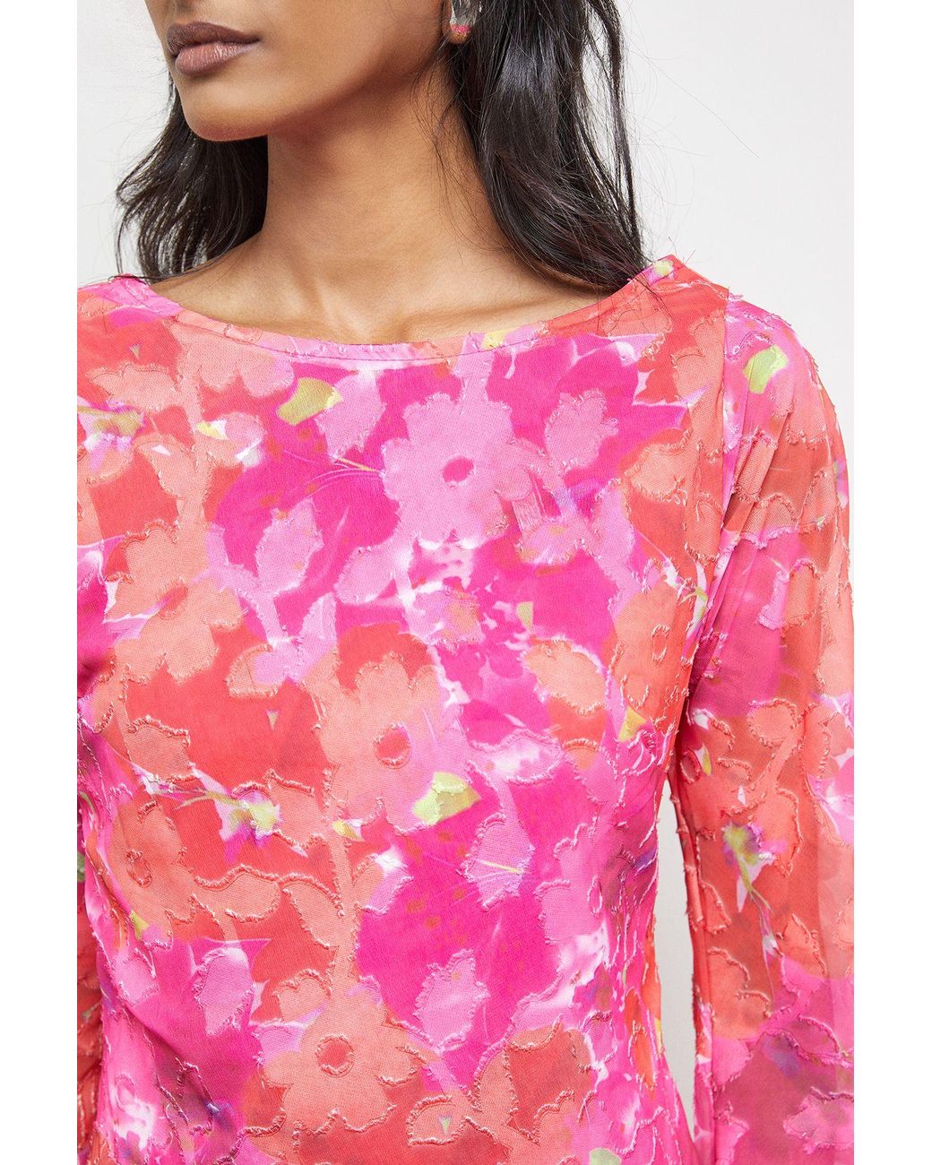 Warehouse Pink Burnout Floral Chiffon Slash Neck Bias Midi Dress