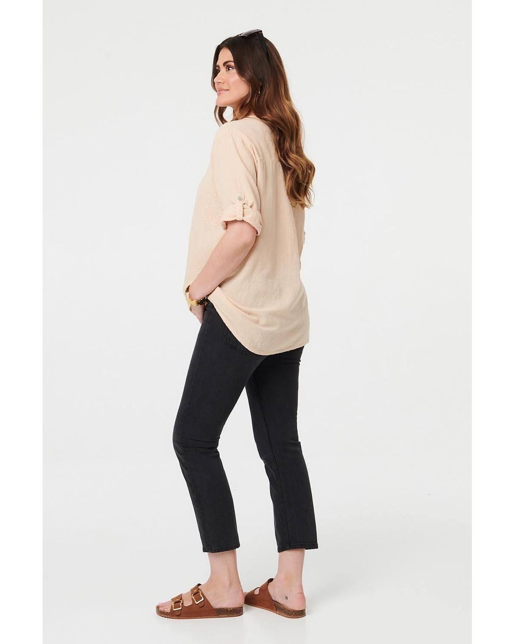 Izabel London Natural Floral 3/4 Sleeve Embroidered Blouse