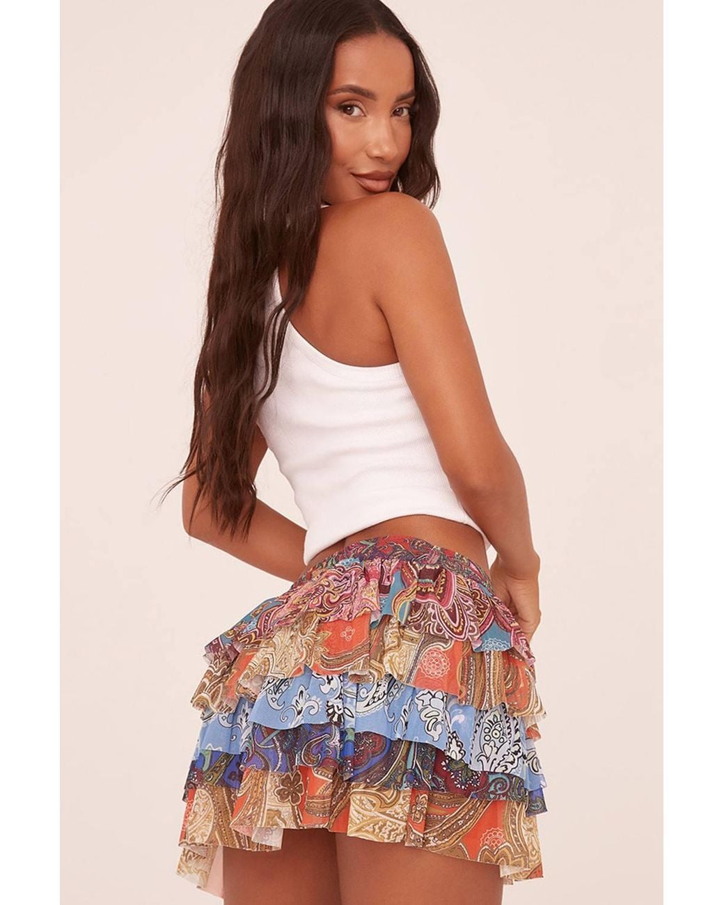 EGO White Tiered Paisley Low Rise Mini Skirt