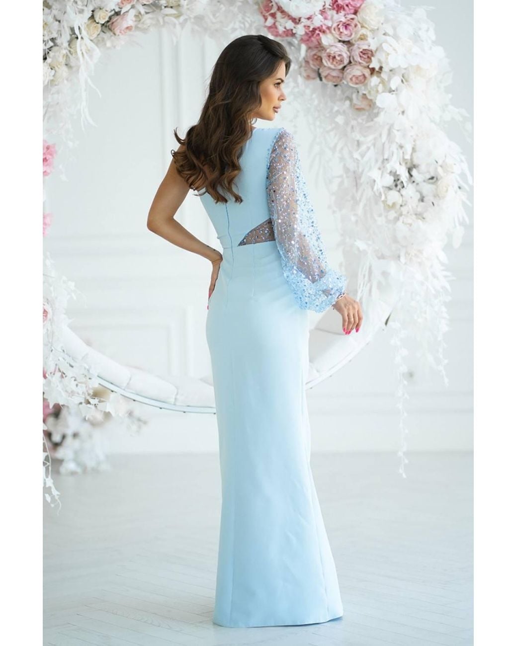 Love Lace Blue Long One Shoulder Sequin Asymmetrical Dress