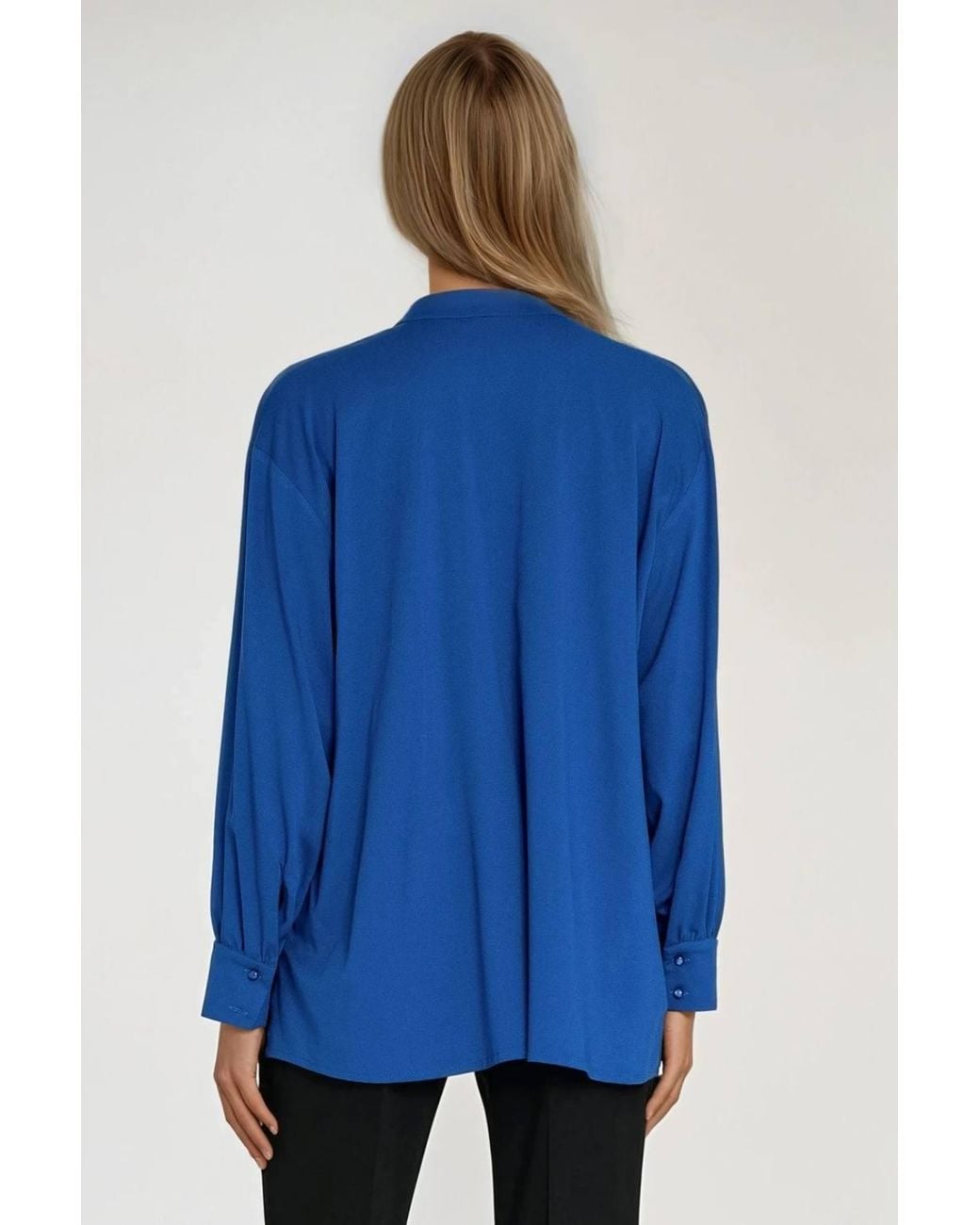 Love Lace Blue Viscose Oversized Long Sleeve Blouse With Buttons
