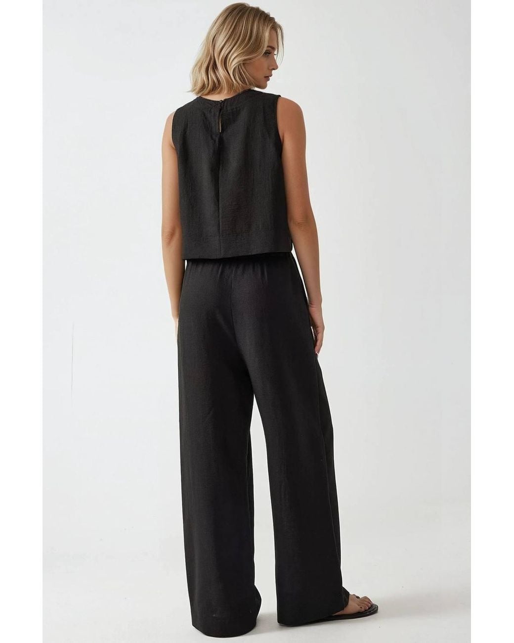 Hiccup Black Linen Feel Blouse & Elastic Waist Pants Two-Piece Coord Set