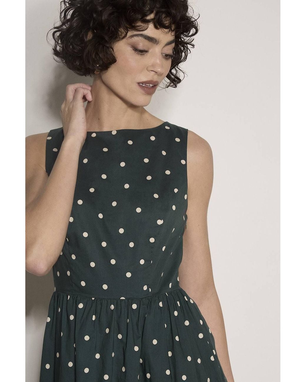 Apricot Green Polka Dot A-Line Cotton Midi Dress