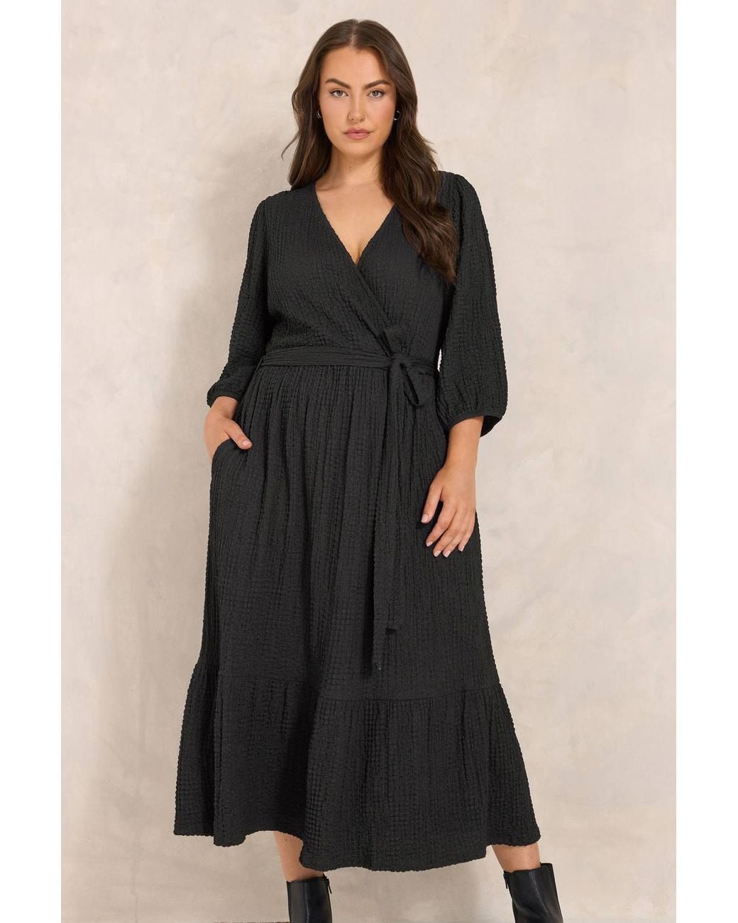 Evans Black Crinkle Wrap Midi Dress