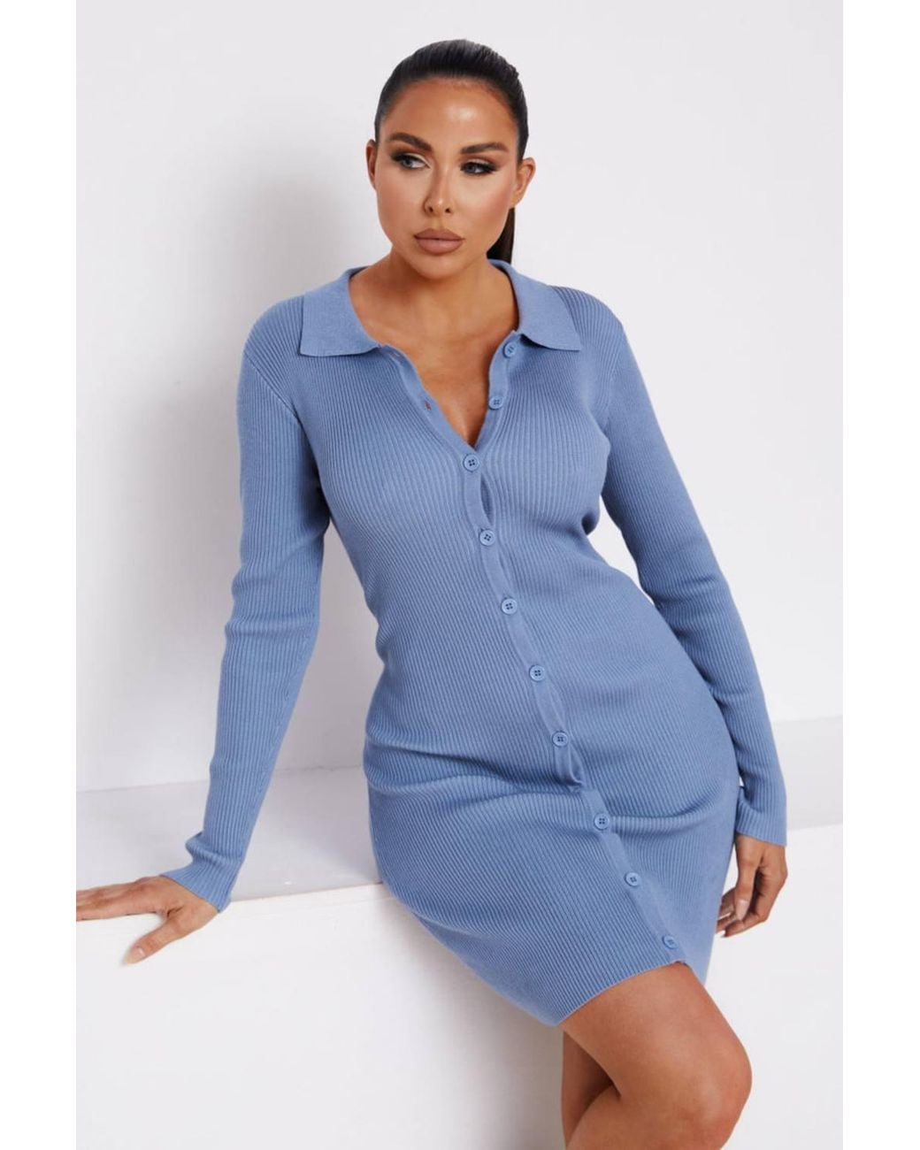 Femme Luxe Blue Ribbed Long Sleeve Button Up Bodycon Mini Dress