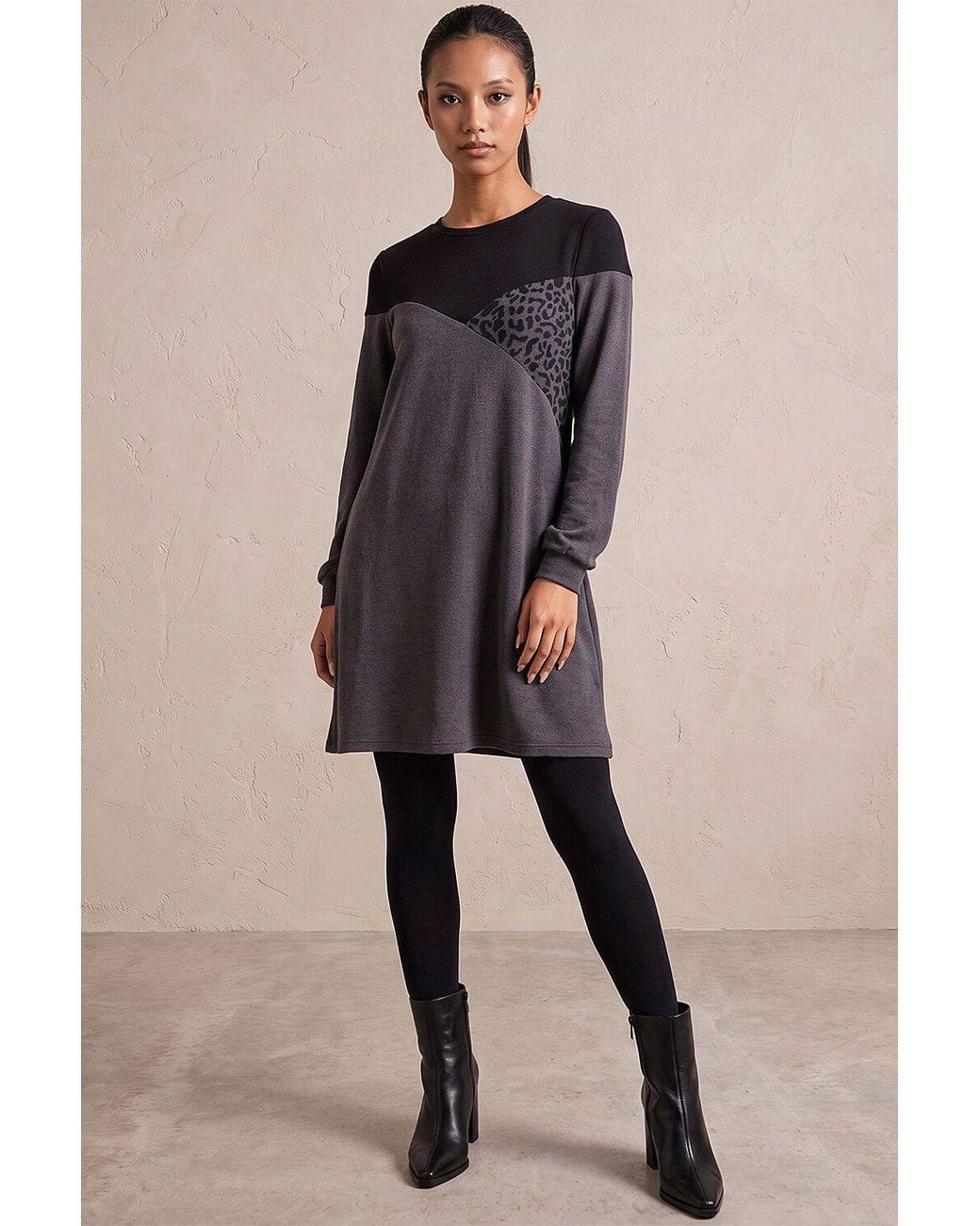 Roman Gray Petite Stretch Animal Colour Block Knit Dress