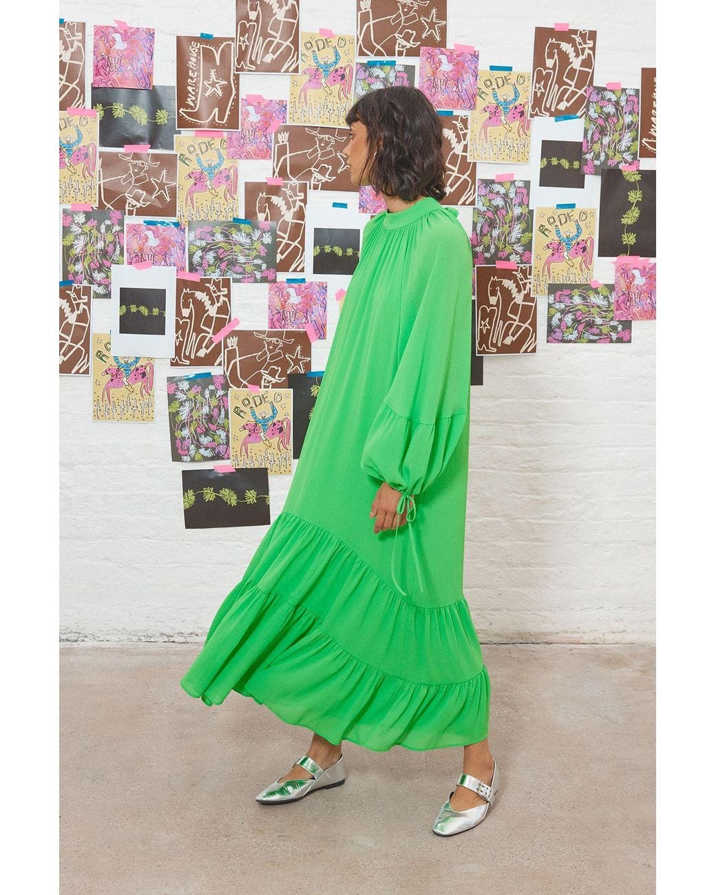Warehouse Green Tony Chiffon High Neck Tier Smock Midi Dress