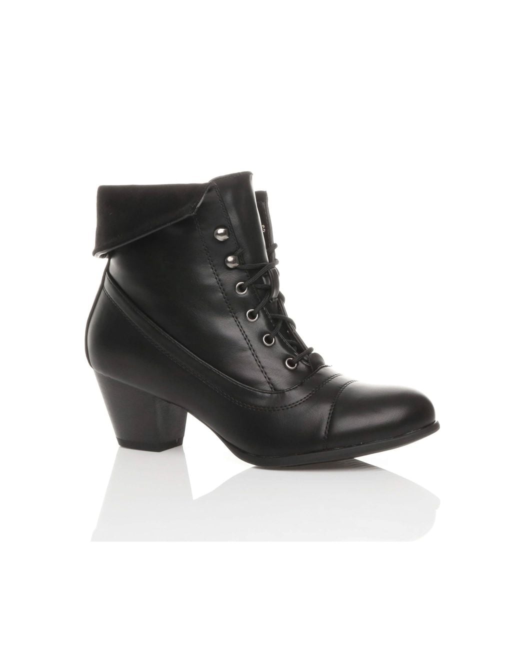 AJVANI Black Mid Cuban Heel Pixie Lace Up Granny Ankle Boots