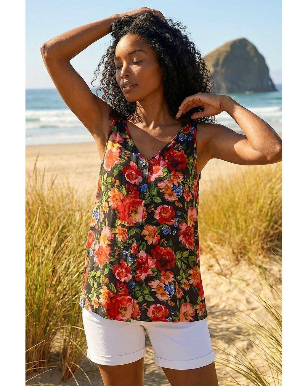 Roman Red Floral Buttoned Vest Top